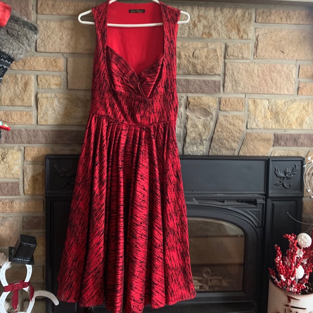 Pinup Couture pinup girl clothing Laura Byrnes red flocked Grace dress
